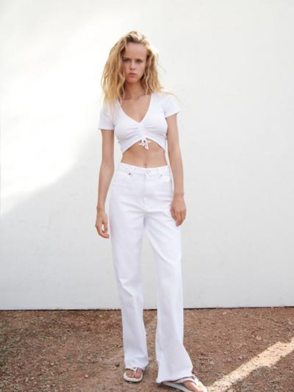 EUC Zara Ruched Ribbed Crop Top - Oyster White Size L